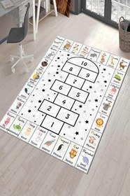 Resim Kaymaz Tabanlı Makinede Yıkanabilir Harf Hayvan Sayı Eğitici Çocuk Halısı Ar318, Beyaz, 100 X 180 
