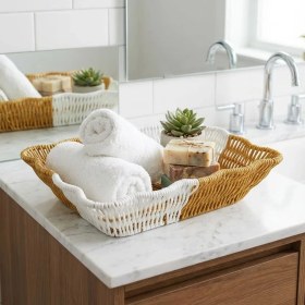 Resim Ozcmax Dikdörtgen Çift Renkli Plastik Rattan Ekmek ve Meyve Sepeti - Çok Amaçlı Banyo ve Mutfak Düzenleyici - Yıkanabillir Tezgâh Üstü Organizer 