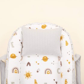 Resim Babynest ve Yastık- Çift Taraflı - Açık Gri Örgü - Galaksi ve Harfler 