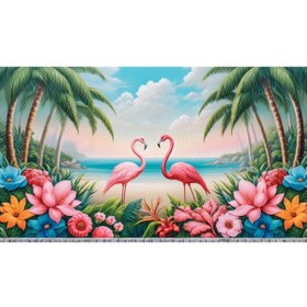 Resim Venspor Egzotik Flamingo ve Çiçeklerle Süslenmiş Sahil Arka Planı, 200x150cm Fon Duvar Örtüsü 