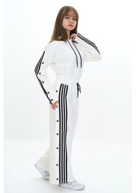 Resim Kız Çocuk %100 Pamuk Şeritli Kapüşonlu Çıtçıtlı Alt&üst Eşofman Takımı-5010-eşt-0004 Ekru 