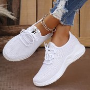 Resim Ucuz Kadın Günlük Spor Ayakkabıları, Beyaz Açık Renkli Ayakkabılar, Moda Örgü Tek Kayışlı Koşu Ayakkabıları Bayanlar için Rahat Spor Ayakkabılar. İlkbahar ve Yaz Tatili Seyahat Fitnes Giymesi Kolay Ayakkabılar 