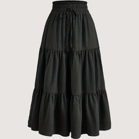 Resim Kadınların Düz Renkli Ruffle Katmanlı Hem Bağcıklı Etek - Rahat A-Line Midi Etek ile Flared Hem, Hafif ve Nefes Alabilir, Bahar ve Yaz için, Tüm Mevsimler için Çok Yönlü Kadın Giyim, Mevsimlik Moda, Zarif Görünüm, Akışkan Kumaş 