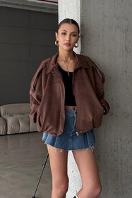 Resim buqre's moda Trend Oversize Kadın Bomber Süet Deri Ceket 