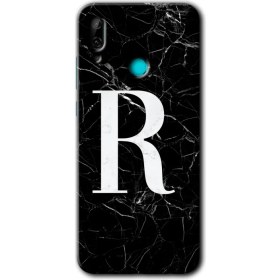 Resim Bera Aksesuar Huawei P Smart 2019 Kılıf Hd Desen Baskılı Arka Kapak + Temperli Cam - Siyah Mermer Desenli R Harfi 