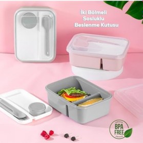 Resim 1183 Kendinden Kaşık Çatallı Sosluk Bölmeli Beslenme Kabı - Taşınabilir Lunch Box Gri 0 