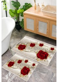 Resim Dijital Baskı Gül Desen Kaymaz Taban 2li Set Banyo Paspası Klozet Takımı 50x60cm-60x100cm Krem 