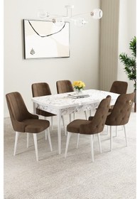 Resim Mabel Beyaz Mermer Desen 80x132 Açılabilir Yemek Odası Takımı 6 Adet Sandalye Kahverengi 