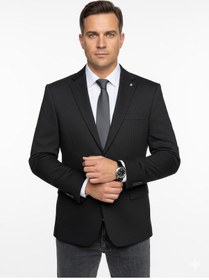 Resim Erkek Bej Slim Fit Blazer Ceket Çizgili Dokulu Kumaş Çift Düğmeli Siyah 