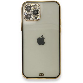 Resim lionmycase Iphone 11 Pro Max Kılıf Kamera Korumalı Lens Elmas Taşlı Gold Kenar Lüx Arka Şeffaf Silikon 