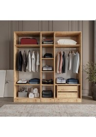 Resim Afilli Yıldız 5 Kapaklı 2 Çekmeceli Giyinme Dolabı Tamamı Mdf Led Askılıklı Beyaz - Safir Meşe 