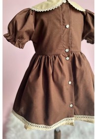 Resim Dantel Detaylı Bebe Yaka Kahve Camel Vintage Kız Çocuk Bebek Bayram Elbise 001 