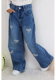 Resim Breeze Kız Çocuk Jean Pantolon İnci Detaylı Fiyonk İşlemeli 5-9 Yaş, Mavi Mavi 