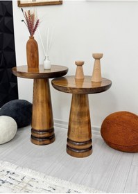 Resim AYLESA Doğal Ahşap 2’li Set Mantar Yan Sehpa Modern Ceviz Renk Fiskos Zigon Çiçeklik 