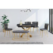 Resim Viento Mobilya Anka Lotus Desenli Highgloss Gold Ayak Masa Takımı 4 Adet Örgülü Ay Sandalye 1 Adet Bench 