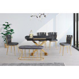 Resim Viento Mobilya Anka Lotus Desenli Highgloss Gold Ayak Masa Takımı 4 Adet Örgülü Ay Sandalye 1 Adet Bench 