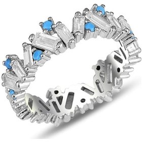 Resim Gümüş Rodyumlu Özel Tasarım Turkuaz Ve Baget Taşlı Tamtur Yüzük 