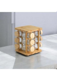Resim Mien Dayanıklı 12'li Bambu Kapaklı Ve Döner Standlı Kare Borosilikat Cam Baharatlık Seti 13 Parça Ahşap 