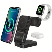 Resim Sunshine022 Siyah 3ü 1 Arada Katlanır Kablosuz Şarj İstasyonu Saat Ve Pil Göstergeli İphone iOs Watch Uyumlu Airpods Uyumlu 
