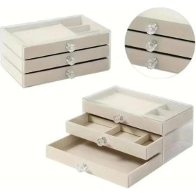 Resim MCM Group 3 Çekmeceli Bölmeli Şeffaf Takı Kutusu | Mücevher Saklama Kutusu Krem Renk Seçeneği 