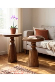 Resim ASELYA HOME Doğal Ahşap 2’li Set Mantar Yan Sehpa Modern Fiskos Zigon Çiçeklik 