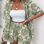 Resim Şık Kadın Çiçek Baskılı İki Parçalı Takım - Hafif Rayon Hırka & Bağcıklı Şort, Makinede Yıkanabilir, Her Mevsim İçin Mükemmel 