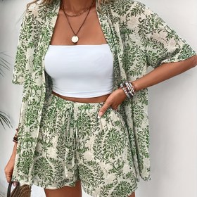 Resim Şık Kadın Çiçek Baskılı İki Parçalı Takım - Hafif Rayon Hırka & Bağcıklı Şort, Makinede Yıkanabilir, Her Mevsim İçin Mükemmel 