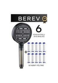 Resim Berev 6 Fonksiyonlu Filtreli Duş Başlığı 10 Adet Yedek Filtre Su Tasarruflu Basınçlı Kireç Klor Önleyici Siyah 