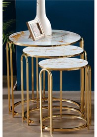 Resim Lenka Zigon Sehpa Sarı Mermer Yuvarlak 3'lü Gold Metal Sedaş-lenka-zigon-gold Beyaz - Sarı 