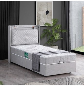 Setaymobilya Baza, Zagreb Tek Kişilik Baza + Başlık + Comfort Yatak, Açık Gri