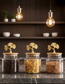 Resim Altın Ginkgo Figürlü 3 Lü Cam Kavanoz Seti Bambu Kapaklı 635 Cc Saklama Kabı Şeffaf 