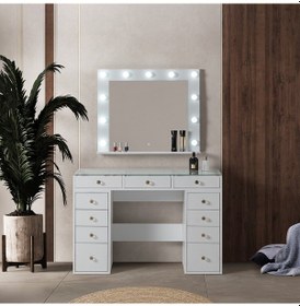 Resim Dokunmatik Led Aynalı Camlı 11 Çekmeceli Takı Bölmeli Kulis Makyaj Masası Beyaz Beyaz 