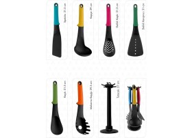 Resim Valletta Vintage 7 Parça Standlı Silikonlu Mutfak Servis Takımı Renkli Kepçe Seti Servis Kaşıkları 