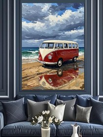 Resim Sahilde Kırmızı Araba Vintage Dekoratif Kanvas - Mdf Ahşap Tablo 