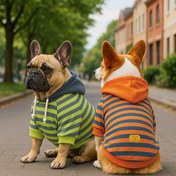 Resim 1 adet Şık Çizgili Hoodie Fransız Buldogları için - Yumuşak Polyester, Makinede Yıkanabilir, Tüm Mevsim Konforu, Deri Tarzı Etiketli Rahat Kazak, Bahar, Sonbahar, Kış, Sonbahar Modası için İdeal | Şık Köpek Giyim | Örgü Dokusu 