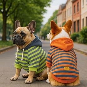 Resim 1 adet Şık Çizgili Hoodie Fransız Buldogları için - Yumuşak Polyester, Makinede Yıkanabilir, Tüm Mevsim Konforu, Deri Tarzı Etiketli Rahat Kazak, Bahar, Sonbahar, Kış, Sonbahar Modası için İdeal | Şık Köpek Giyim | Örgü Dokusu 