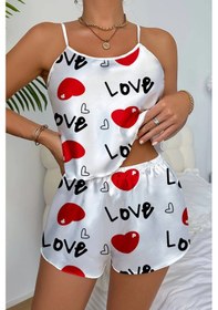 Resim Hello Papana Hello Papana Love Desenli Beyaz Saten Şortlu Gecelik Takım Çok Renkli 