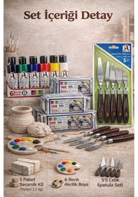 Resim Seramik Hobi Başlangıç Seti 5x500gr Kil + 6'lı Akrilik Boya + 5'li Spatula Seti 
