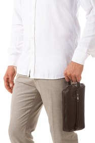 Resim Newish Polo Erkek Vegan Deri Kahverengi Portföy Clutch Traş Kozmetik Bakım Ve Günlük El Çantası new381 