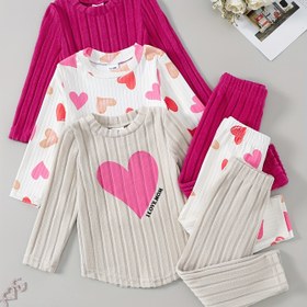 Resim Sonbahar ve Kışın En Çok Satan Kız Çocuk Kombini, Sevimli Kalp Baskılı + Fitilli Kumaş, Dış Mekan Aktiviteleri İçin Temel Üç Parça Set, Dış Mekan İçin Mükemmel 