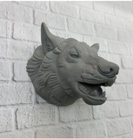 Resim Gri Kurt Başı Figürü Duvar Tipi Dekoratif Heykel Hediyelik 