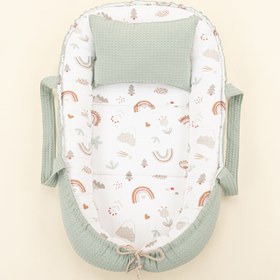 Resim Babynest ve Yastık - Çift Taraflı - Yeşil Petek - Kahverengi Gökkuşağı 