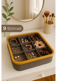 Resim Ahşap Çerçeveli 9 Bölmeli Kumaş Makyaj Ve Kozmetik Organizer 