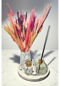 Resim Mermer Desenli Vazo Seti-tealightlık-oda Kokusu-kibritlik-modern Vazo Mum Ve Koku Çubuğu Dahildir Beyaz - Siyah 