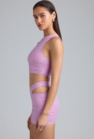 Resim Mor Pembe Metalik Kesikli Düşük Bel Mini Etek - XL 