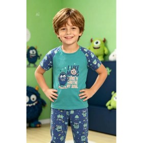 Resim NiCe İç Giyim Sevimli Canavar Baskılı Yeşil & Lacivert Renk Bisiklet Yaka Manşetli Paça Pamuk Penye Erkek Çocuk Pijama Takım 