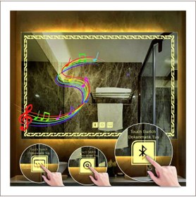 Resim GLOBAL LED MIRROR 50x70 Cm Günışığı Ledli Tasarım Kumlamalı Dokunmatik Bluetoothlu Buğu Önleyicili Makyaj Banyo Aynası 