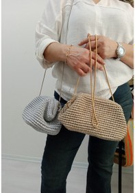 Resim Metalik Light Gold El Örgüsü Kadın Clutch Çanta Şık Davet Ve Abiye Çantası Açık Altın 