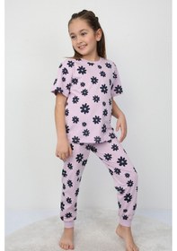 Resim Zuzunga Mor Papatya Desenli T-shirt-şort Kız Çocuk Pijama Takımı Lila 