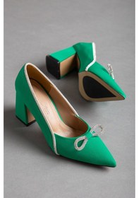 Resim Dilimler Ayakkabı Saten Taşlı Kalın Topuk Yeşil Kadın Stiletto-2033-YEŞİL 